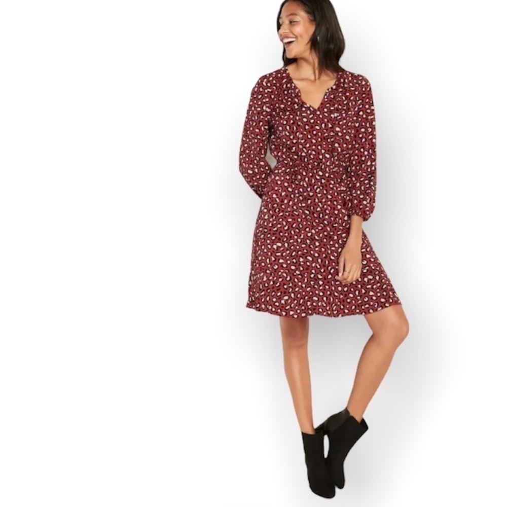 Old Navy Womens Tie Neck Dress‎ large Red Leopard Print